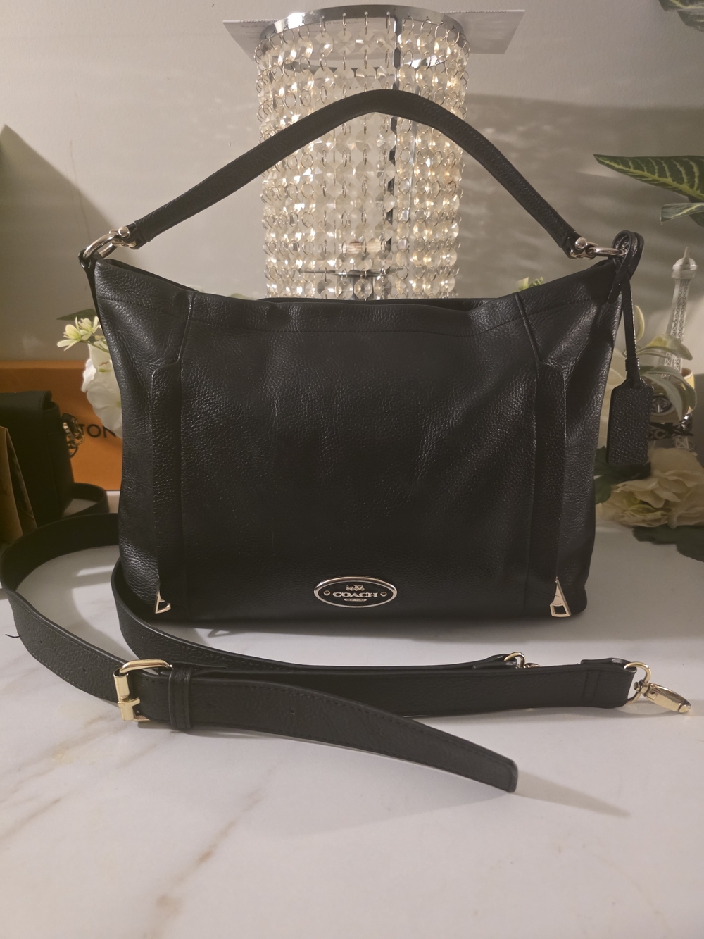 Coach Black Pebbled Leather Bag with Gold Hardware Accents